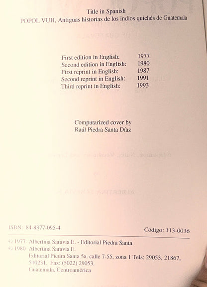 Popol Wuh: Ancient Stories of the Quiche Indians of Guatemala